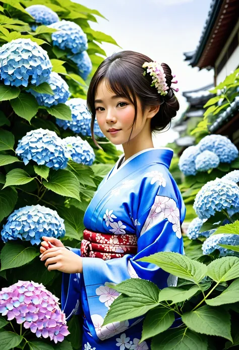 Yukata girl and hydrangea