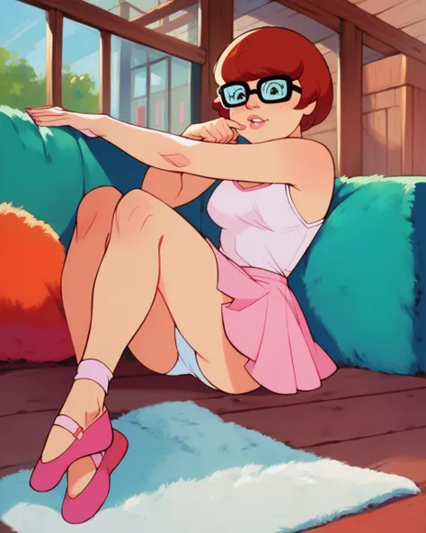 VelmaXL, white panties, pink tutu, ballet shoes, ballerina, dressing room, sleeveless top, upskirt view of white panties, glasses, cute pose, sitting on couch, left leg over right leg, resting, auburn colored hair