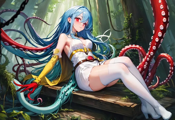 (best quality), (masterpiece), high res, all detailed, dqsage, long blue hair, red eyes, circlet, [aqua cape], white dress, stra...