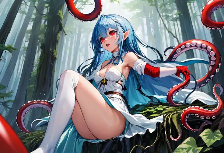 (best quality), (masterpiece), high res, all detailed, DQSage, long blue hair, red eyes, circlet, [aqua cape], white dress, strapless, belt, elbow gloves, yellow gloves, yellow boots, medium cleavage, (white underwear, panties aside, torn clothes:1.2), BRE...