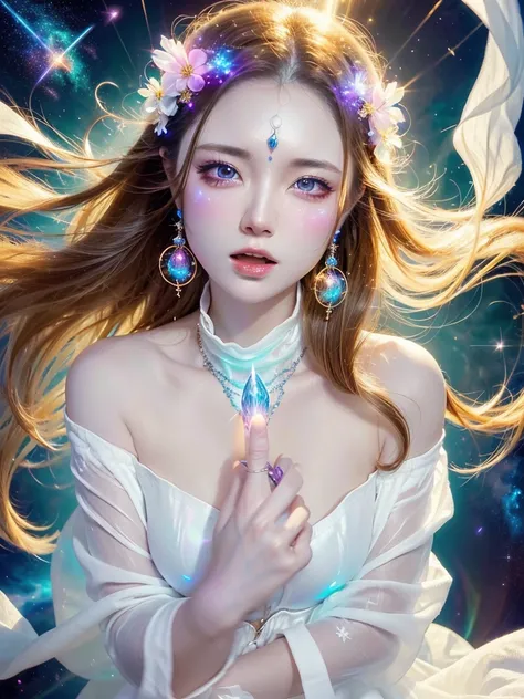 4K Ultra HD, masterpiece, A girl with a magical aura, Nice face, Long Hair, Shiny Hair, fine grain, Glossy Lips,, Aura around the body, Magical Effects, Spreading white light, Cosmic elements and ethereal atmosphere, A mix of bright lights and colorful neb...