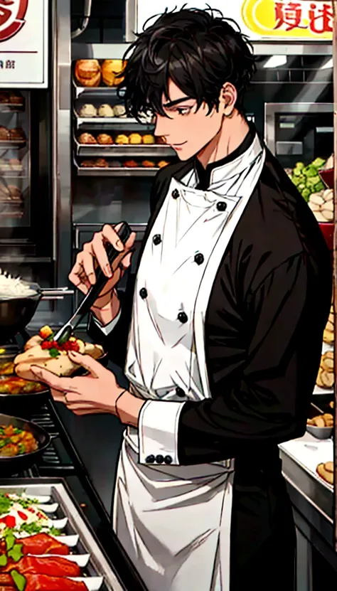 a handsome young man with black hair, dressed in a professional chef's outfit, is standing at a bustling street food stall. he i...