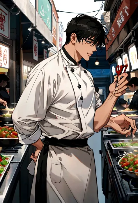 A handsome young man with black hair, dressed in a professional chefs outfit, is standing at a bustling street food stall. He is focused and skillfully preparing a delicious dish, with various cooking utensils and ingredients around him. The background fea...