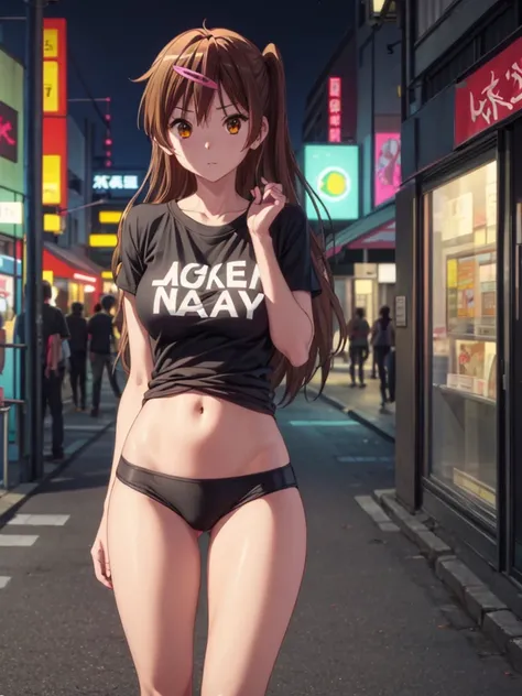 Girl, slim tight t-shirt, black Thong, navel shown, street background, openlegs, night, tokyo, Dark Lane 