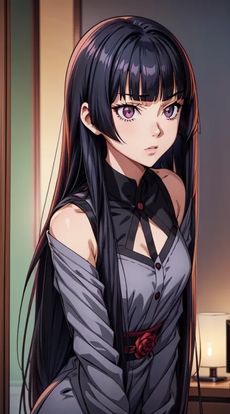 Anime girl, prettify, femme fatale, noir, detective, dress, reasturant,shadow, gray silky hair, heterochromia eyes,her  left eye is gray, her right eye is red rose, straight hair, straight hair cut and straight blunt bangs, strictly straight cutted bangs, ...