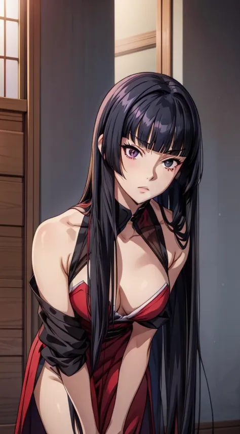 Anime girl, prettify, femme fatale, noir, detective, dress, reasturant,shadow, gray silky hair, heterochromia eyes,her  left eye is gray, her right eye is red rose, straight hair, straight hair cut and straight blunt bangs, strictly straight cutted bangs, ...