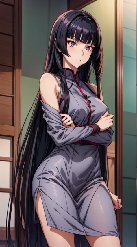 Anime girl, prettify, femme fatale, noir, detective, dress, reasturant,shadow, gray silky hair, heterochromia eyes,her  left eye is gray, her right eye is red rose, straight hair, straight hair cut and straight blunt bangs, strictly straight cutted bangs, ...