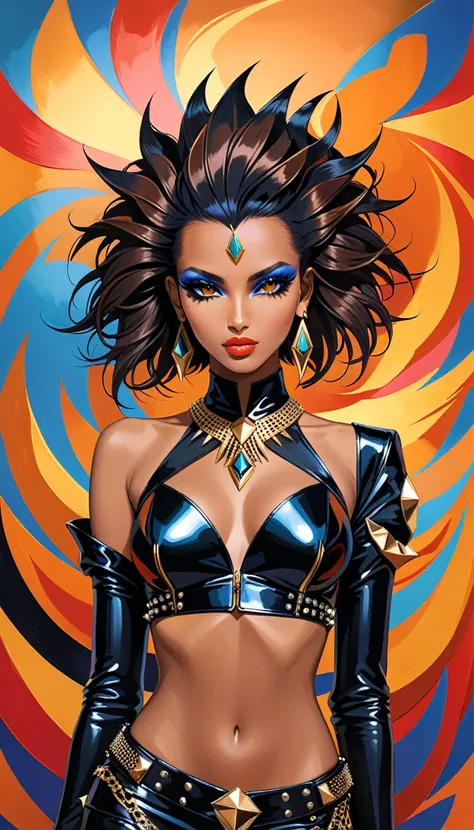 in style of Thierry Mugler, A rebellious Saudi Arabian woman, her black hair styled into a punk rock inspired look, complements her brown eyes and light brown tan skin. The image, possibly a vibrant painting, captures her bold and unique style with precisi...