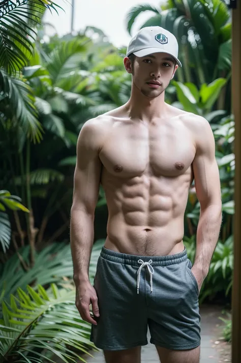 full body shot of a handsome topless man wears shorts , hat, upper body, outdoor, 28yo, caucasian, darelljones, ultra realistic, highres, solo, american boy, tropical forest, chill vibe, (masterpiece,best quality:1.5)