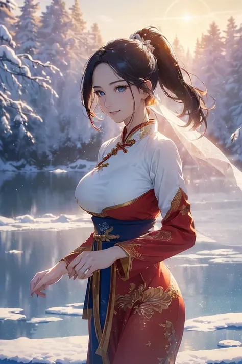 A beautiful woman, legendary, ((((realistic oil art, 46-year-old Empress, vibrant look, (( red hanfu dress, wuxia, dancing, dance, modest)), top of the mountain, 1girl, masterpiece, extremely detailed, (beautiful detailed glow), lens flare, red flare lens,...