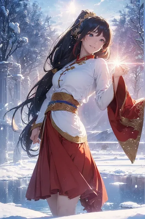 A beautiful woman, legendary, ((((realistic oil art, 46-year-old Empress, vibrant look, (( red hanfu dress, wuxia, dancing, dance, modest)), top of the mountain, 1girl, masterpiece, extremely detailed, (beautiful detailed glow), lens flare, red flare lens,...