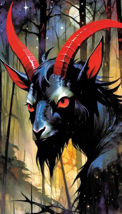 1 large angry black satanic goat with red eyes and dark forest, sinister, stars, background, art inspired by Bill Sienkiewicz
