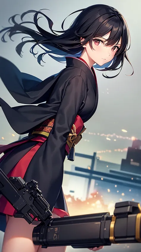 ((Best quality))((realistic))((full body))((face detail))A girl. Short black hair. Kimono . Holding guns in hand . City destruction background. Waifu