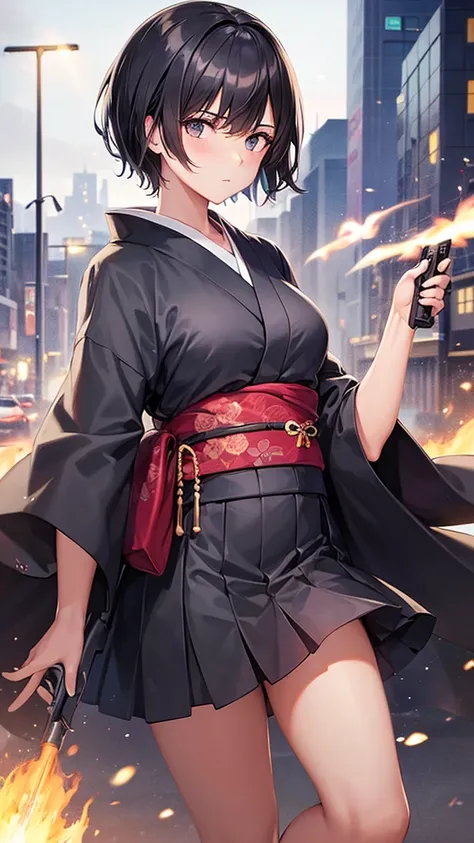 ((Best quality))((realistic))((full body))((face detail))A girl. Short black hair. Kimono . Holding guns in hand . City destruction background. Waifu