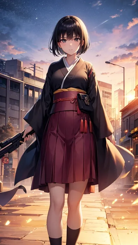 ((Best quality))((realistic))((full body))((face detail))A girl. Short black hair. Kimono . Holding guns in hand . City destruction background. Waifu