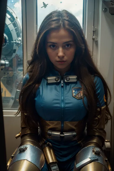 Absurd resolution, high resolution, (masterpiece: 1.4), hyper-detail, 1 young woman, long brown hair, pilot suit, rich princess, sitting in an extremely narrow and closed mecha control room looking out the window, the window is the space universe can see t...