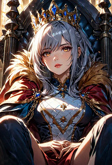 A Queen sitting on the throne, European, detailed face, dramatic lighting, cinematic angle, photorealistic, 8k, high resolution, hyper detailed, masterpiece,refiner: woman face,light beams