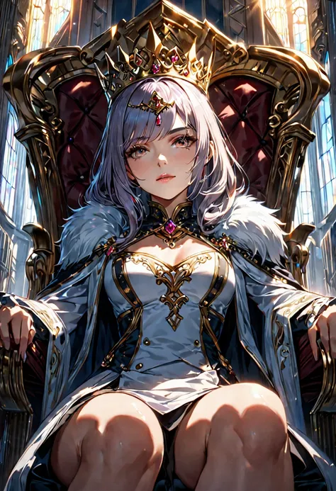 A Queen sitting on the throne, European, detailed face, dramatic lighting, cinematic angle, photorealistic, 8k, high resolution, hyper detailed, masterpiece,refiner: woman face,light beams