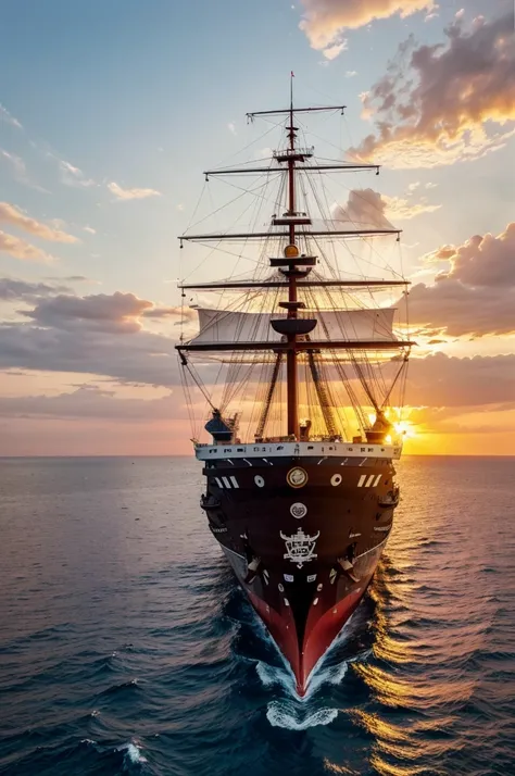 2 big ship made of wood like old days in a sea with the monkey on the top of ship during sunset and many birds on the sky the image is from the upper side of the ship from where both the ship birds and sunset will be visible and monkey pirate on the top of...