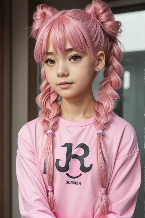 Anime illustration of a 12-year-old girl with vibrant pink hair styled in long, voluminous curls. Her hair features two pretty pink hair clips and is styled half up in two small pigtails, adding a playful charm to her look. Protruding from her head are del...