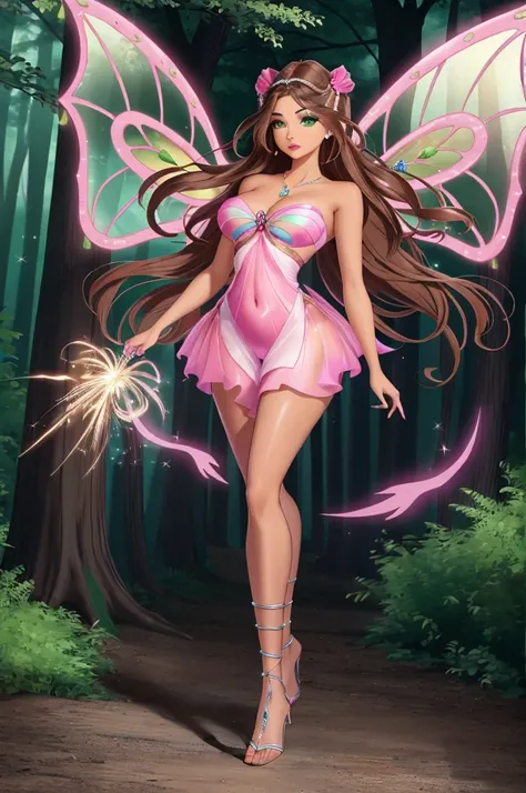 cinematic composition, professional full body shot photo of Flora,(((transparent dress))), neckline., pink wings, sparklingtransparent clothing, green eyes, brown hair,
detailed skin, detailed eyes, finely detailed hair,
volumetric light, highrez, masterpi...