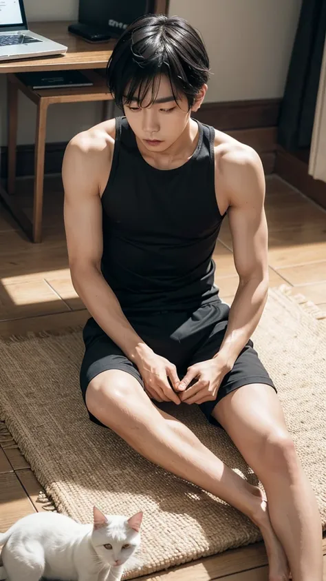 1boy Asian man 25 year sitting on the floor with little cat, dress short pant and top tank, have laptop on the floor, best body, bright face , perfect picture, the best picture,