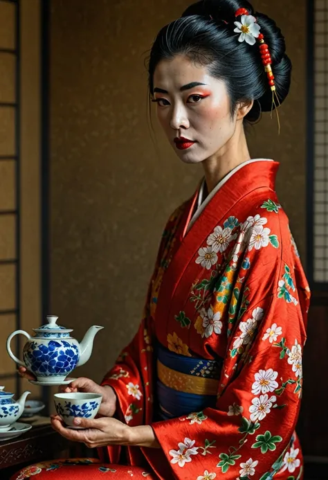 realistic portrait of a young geisha, in a flowered kimono in a room serving tea 