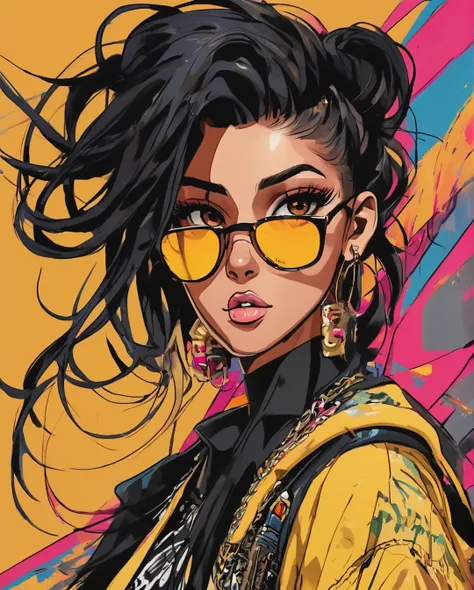 A rebellious Saudi Arabian woman, her black hair styled into a punk rock inspired look, complements her brown eyes and light brown tan skin. The image, possibly a vibrant painting, captures her bold and unique style with precision. Every detail, from her e...