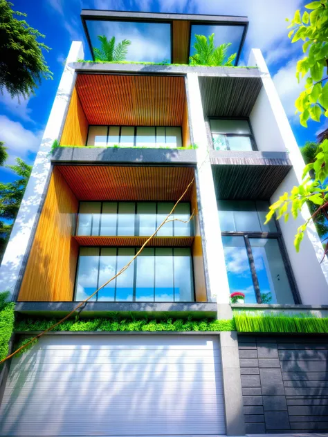 modern villa on street, (overcast lighting:1.2), tropical tree, vivid color, streetcapes, nice sky, grey wood and white tone, (large glass door:1.2), warm interior lighting, modern material, best quality, ultra realistic, masterpiece, 17ArchiAI_XL_VL-v1
