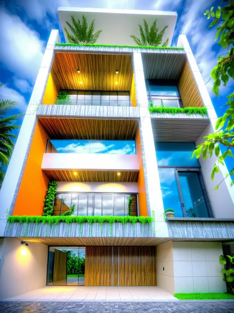 modern villa on street, (overcast lighting:1.2), tropical tree, vivid color, streetcapes, nice sky, grey wood and white tone, (large glass door:1.2), warm interior lighting, modern material, best quality, ultra realistic, masterpiece, 17ArchiAI_XL_VL-v1
