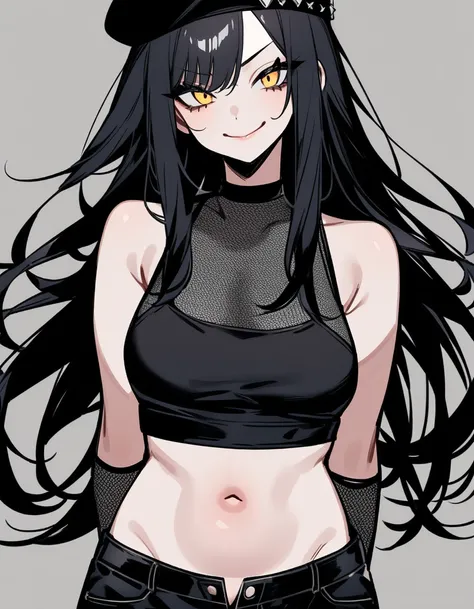 Black mesh hair color、punk black beret、long hair、Black tank top、Belly button exposed、Black denim shorts、smile