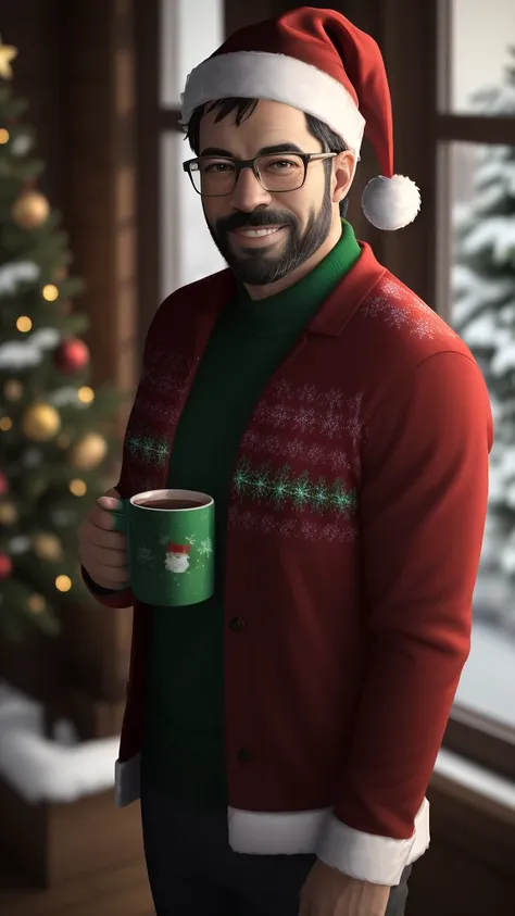 a middle-aged man, daddy, hunk physique, beefy, burly, hairy, manly, really tall, black hair, beard, wearing a red and green Christmas sweater, red trousers, wearing glasses, wearing a red Santas Christmas hat, cheerful cute smile, holding a hot chocolate ...