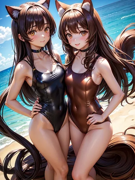 Brown long hair girl brown eyes brown cat ears brown cat tail wearing bronze swimsuit