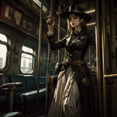 A female zombie conductor in a steampunk railway uniform in the background a sinister and mysterious dilapidated train with a skeletal engineer on board