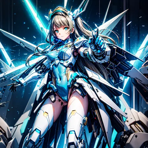 masterpiece, high quality, Cyborgization、Destroyed gynoid cyborg body、The face is of Minami Kotori.、mechanical parts、Blue and white leotard armor、solo focus、Single image、from front, full body、Mechabare、The body is destroyed, exposing the precision machiner...