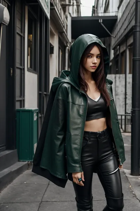 Zoomania Style, human, feminine, name ryuuna, medium length mint hair with middle parting, pale skin, reddish-yellow eyes, short black leather pants, fingerless leather gloves black, combat boots black, white top, dark green army long jacket with short sle...