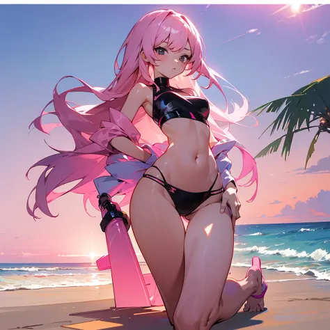 masterpiece, best quality, ultra-detailed, illustration,, hanekawashorthair, 1girl, full body, , black eyes,pink hair,, pink two piece bikini,, detailed background, mksts style, beach, sunset, curved hips , slim waist, shiny legs , 