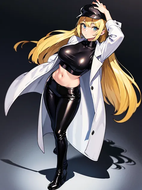 A blonde girl, pretty girl, standing, wearing black leather crop top, wearing black leather pants, wearing white long overcoat, wearing a cap on head, pretty, blonde girl, full view, beautiful