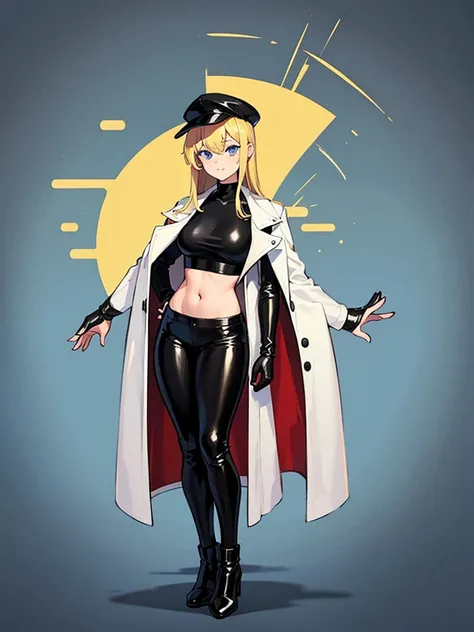 A blonde girl, pretty girl, standing, wearing black leather crop top, wearing black leather pants, wearing white long overcoat, wearing a cap on head, pretty, blonde girl, full view, beautiful