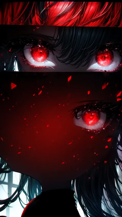 a woman with red eyes stands in front of a window, beautiful eyes are visible on a large monitor screen in the background, A girl in the center, a silhouette of a girl in the center, red lighting, glowing red eyes, a dim room, lighting from screens, monito...