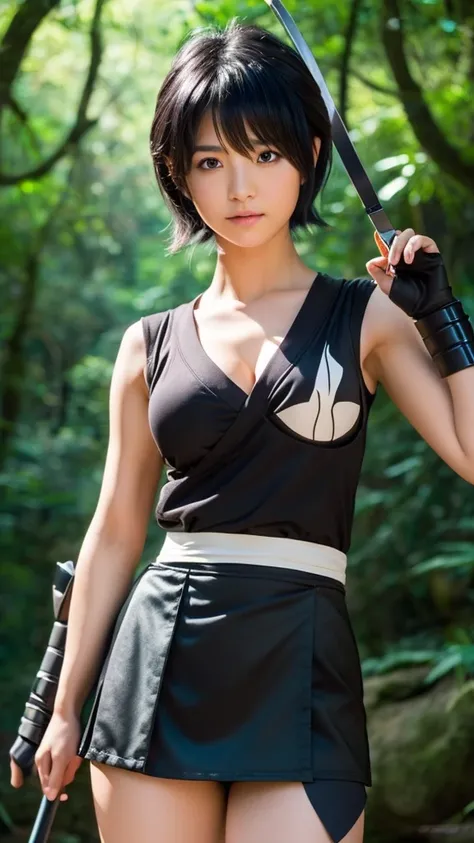 ((Best quality))((realistic))((full body))((face detail))A girl. Short black hair. Kunoichi . Short skirt and big breast . fighting against ninjas. Forest . Dark . Night.  Moon shading . Shuriken.chaos