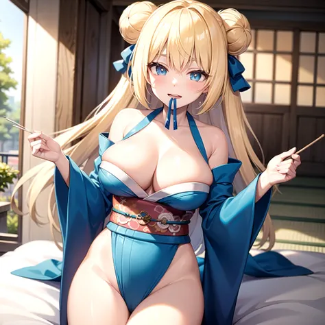 beautfull woman, very white skin, long hair with bun, whitish blonde hair, blue colored eyes, tthin eyebrows, delicate mouth, toothpick in mouth, large canine teeth, wearing kimono