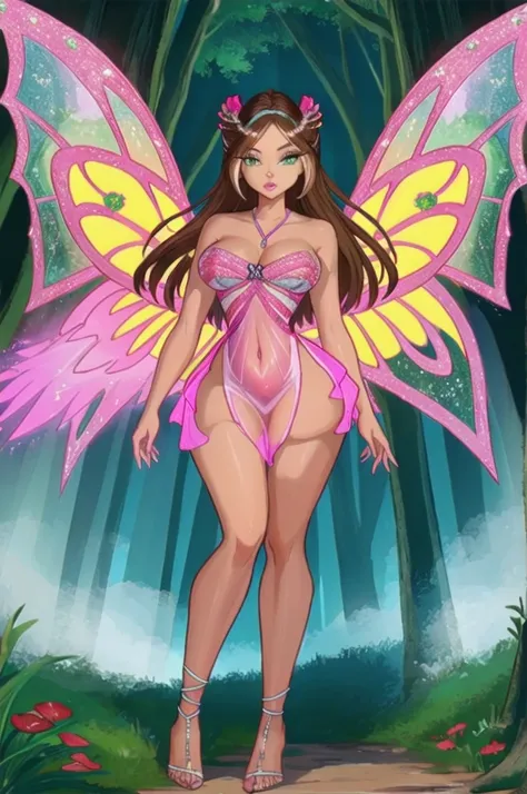 cinematic composition, professional full body shot photo of Flora,(((transparent dress))), neckline., pink wings, sparklingtransparent clothing, green eyes, brown hair,
detailed skin, detailed eyes, finely detailed hair,
volumetric light, highrez, masterpi...