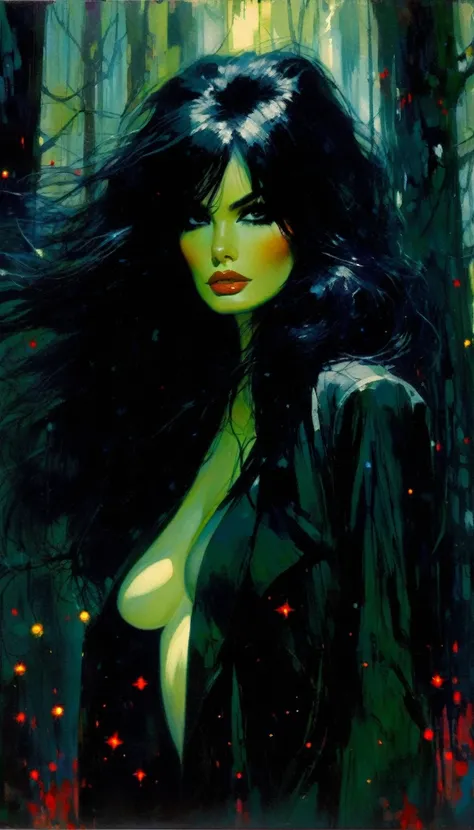 sexy black hair girl, dark forest, sinister, stars, background, (art inspired in Bill Sienkiewicz). oil painting)
