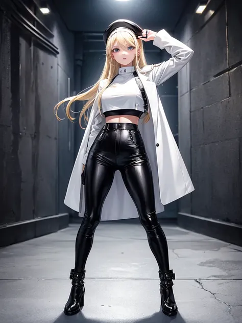 A blonde girl, pretty girl, standing, wearing black leather crop top, wearing black leather pants, wearing white long overcoat, wearing a white cap on head, pretty, blonde girl, full view, beautiful