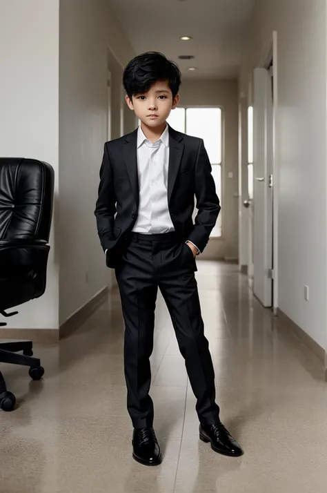 A boy who is amazed wearing suit standing and seeing in the floor with black shoes and descent hairstyle 