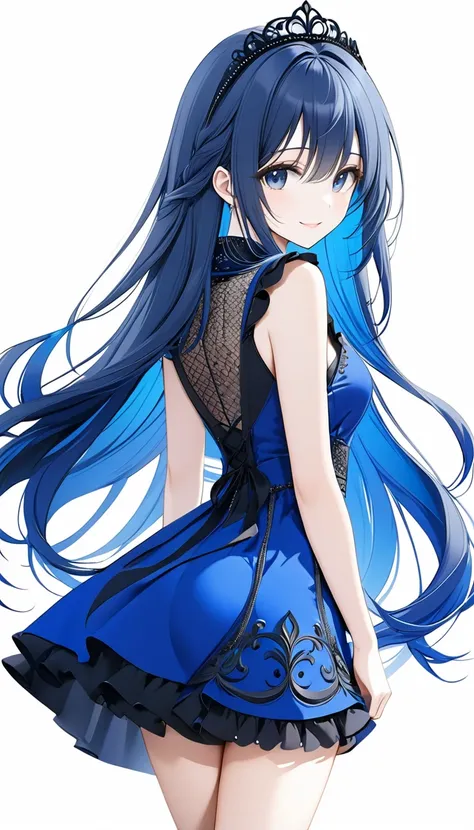 (((White background:1.5)))、(very wide shot)、(masterpiece、Ultra HD、Highest quality、Masterpiece、４K:1.2)、Slender body,Scandinavian Metal Girl,  Intricate details, Highly detailed eyes, Highly detailed fingers、Blue semi-long hair、Blue Gothic Dress, Are standin...