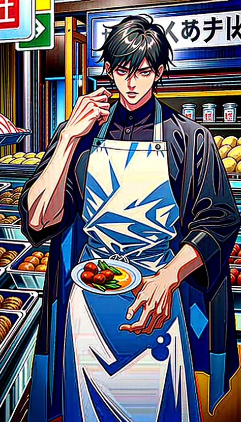 A handsome young man with black hair, dressed in a professional chefs outfit, is standing at a bustling street food stall. He is focused and skillfully preparing a delicious dish, with various cooking utensils and ingredients around him. The background fea...