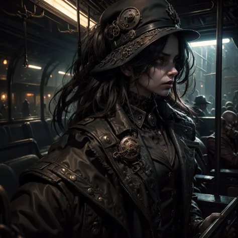 a female zombie conductor in a steampunk railway uniform, sinister and mysterious dilapidated train, skeletal engineer, dark moody lighting, cinematic composition, highly detailed, photorealistic, dramatic lighting, intricate details, muted color palette, ...