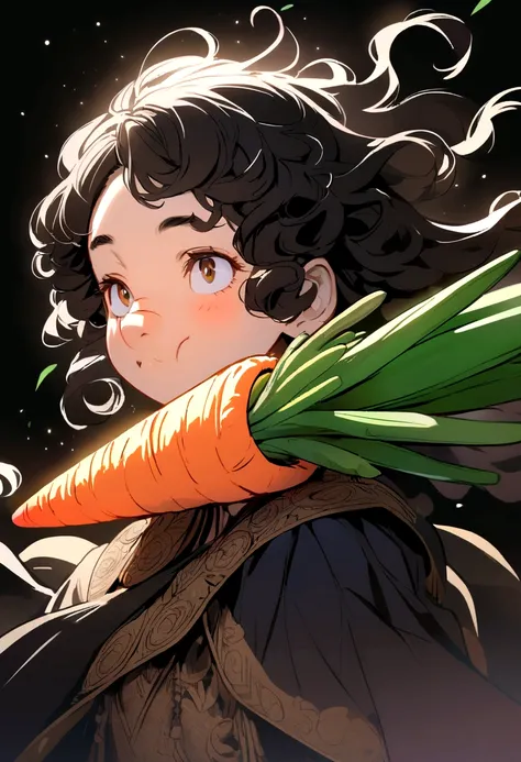 Branch carrot,black curly hair,fine nose,rosy cheek.